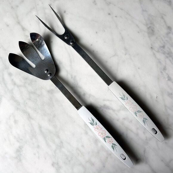 Mid Century Peach Blossom Kitchen Utensils Carving & Salad Forks Stainless Steel - Picture 1 of 7